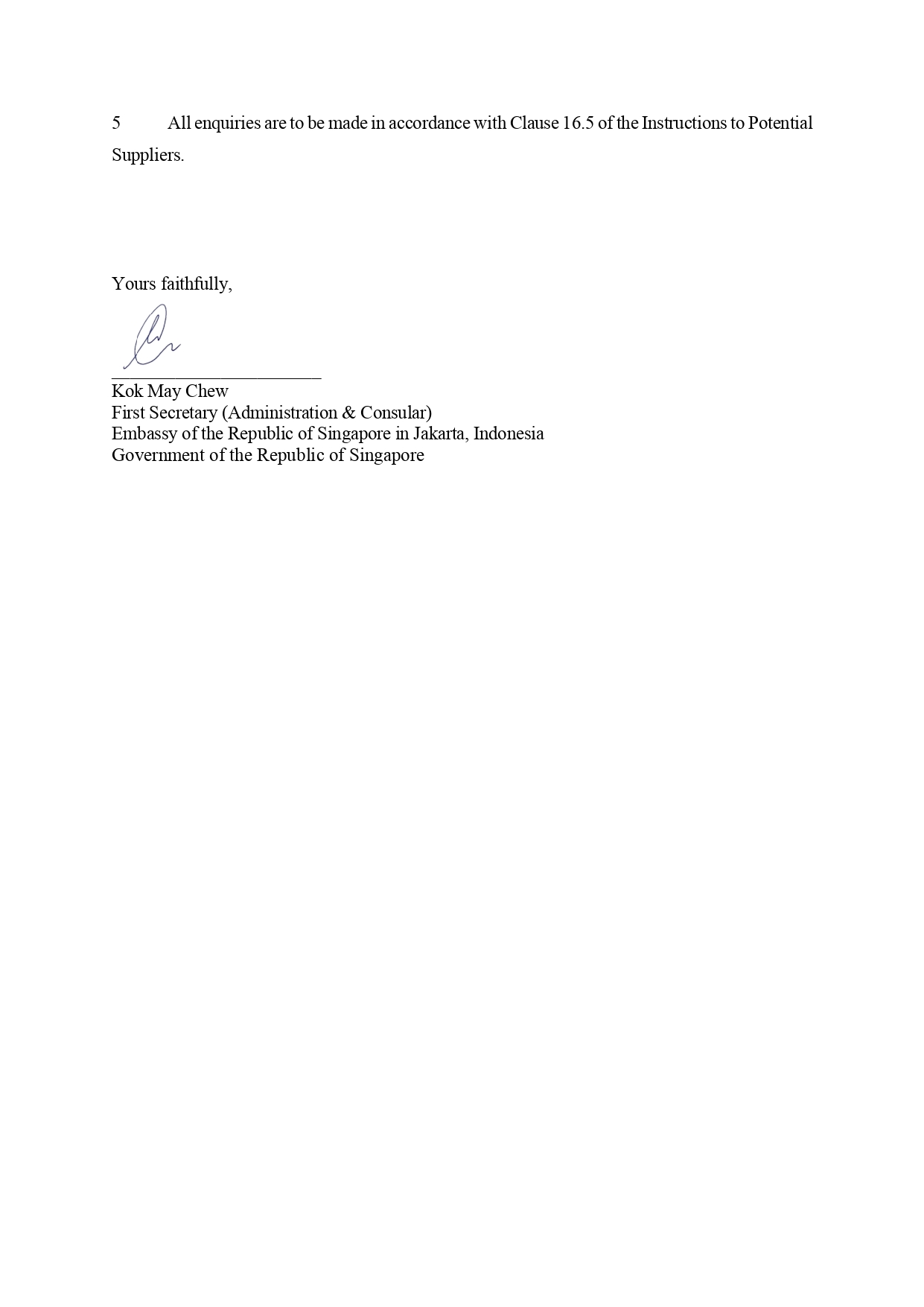 Letter with Singapore Embassy letterhead, signature of Kok May Chew.